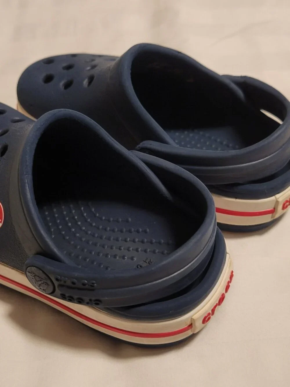 Crocs Navy Blue, White and Red Clog Sandals Slip-On Round Toe US 5C